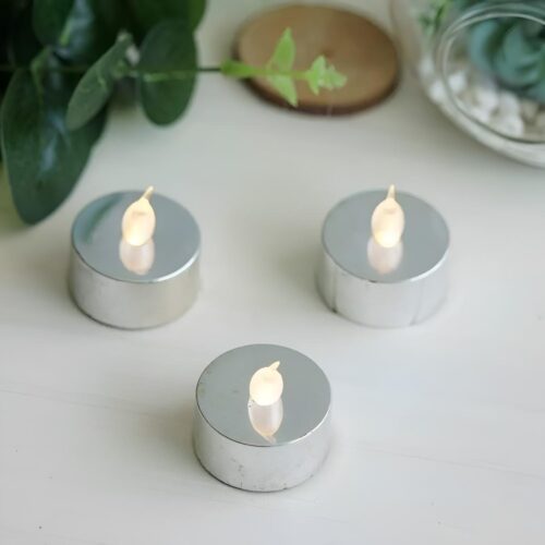 Metallic Silver LED Tealight Candles – (6 Pack) for Christmas, Party & Festival Decor