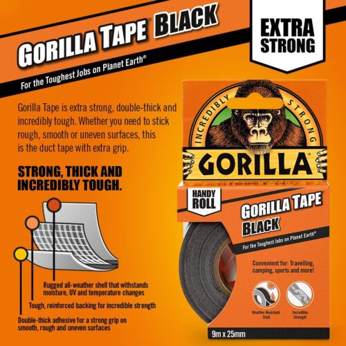 Gorilla Tape Handy Roll Black 25mm x 9.14m – Extra Strong, Weather-Resistant Duct Tape for Indoor and Outdoor Use